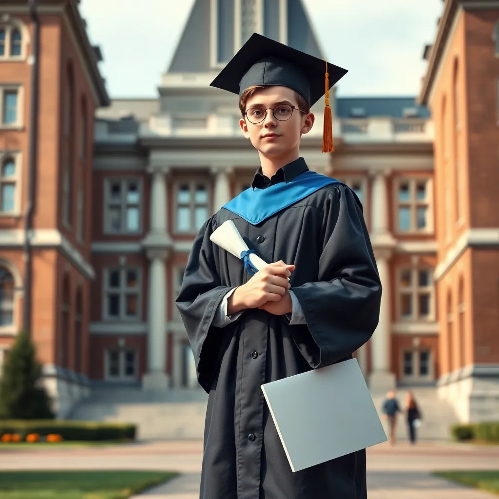 A photorealistic image of a young Sid Frasier in a graduation gown, holding a diploma, standing on a university campus with a grand library building in the background. The image should convey a sense of academic achievement and a commitment to learning.